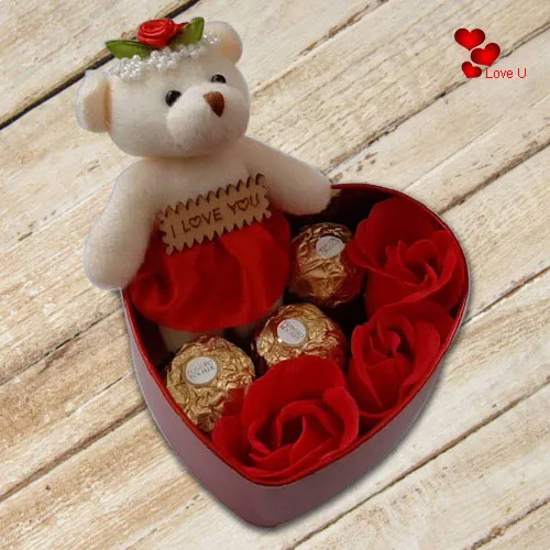 Elegant Heart Shape Box of Teddy, Roses and Ferrero Rocher
