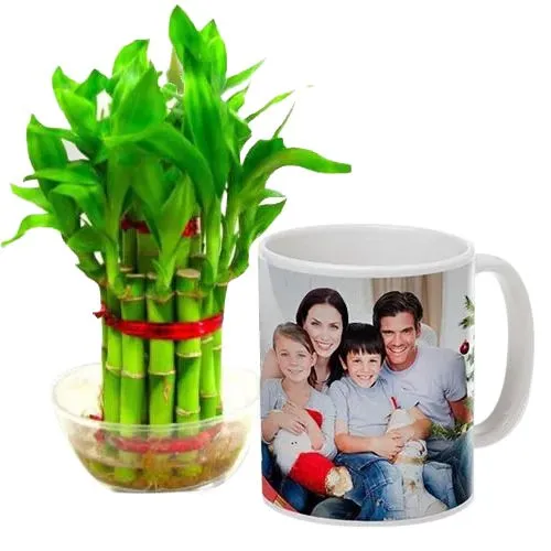 Deliver Personalized Coffee Mug with Two Tier Bamboo Plant