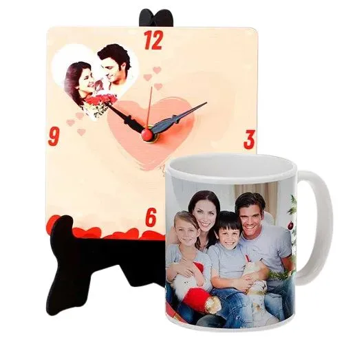 Elegant Personalized Photo Table Clock with a Personalized Coffee Mug