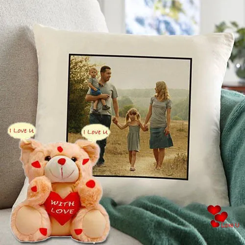 Graceful Personalized Cushion with an I Love You Singing Teddy