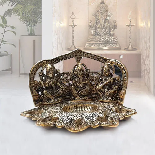 Send Metallic Diya with Ganesh, Lakshmi N Saraswati Idol