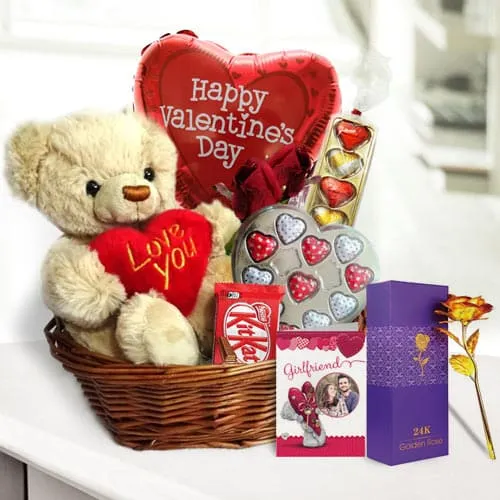 Send Basket of Teddy with Chocolates for Valentines Day