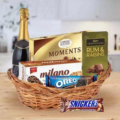 Classy Gift Basket Full of Choco-Cookie Temptations with Fruit Wine