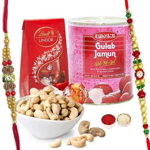 Fetching Rakhi Combo With Lindor Chocolate, Cashew N Bikaji Gulab Jamun