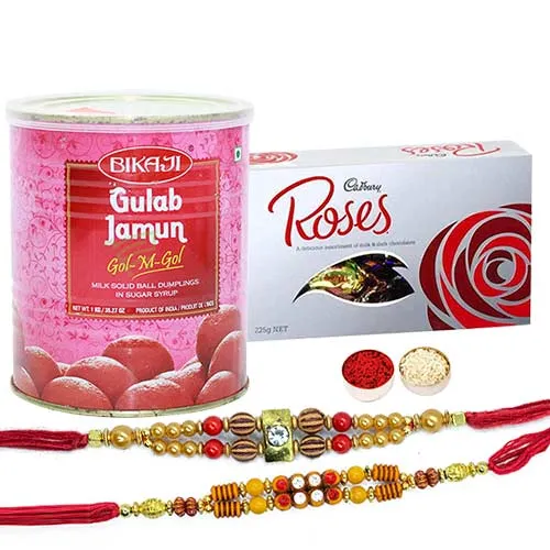 Winsome Combo Of 2 Rakhi With Cadbury Roses N Bikaji Gulab Jamun