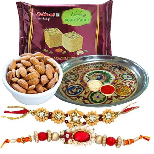Pleasing Combo Of 2 Rakhi Set, Meenakari Thali With Soan Papdi And Almonds