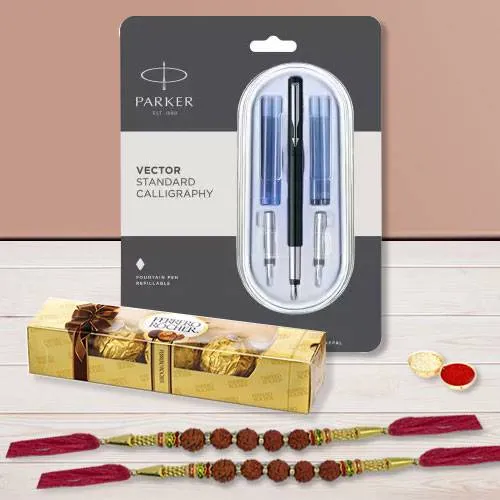 Classic Parker Pen with Rudraksha Rakhi N Ferrero Rocher