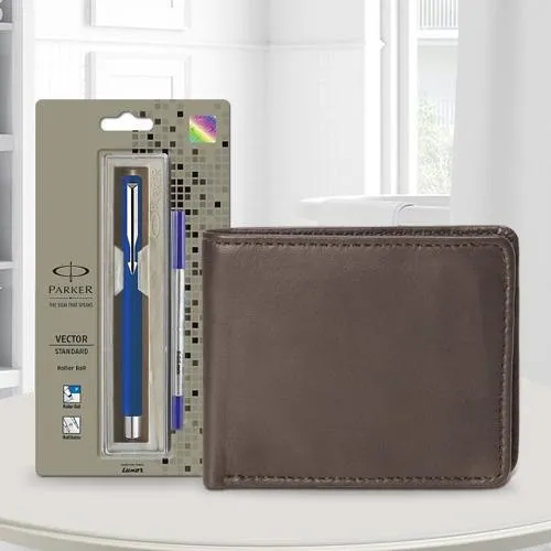 Impressive Parker Vector Standard Ball Pen with a Brown Leather Wallet