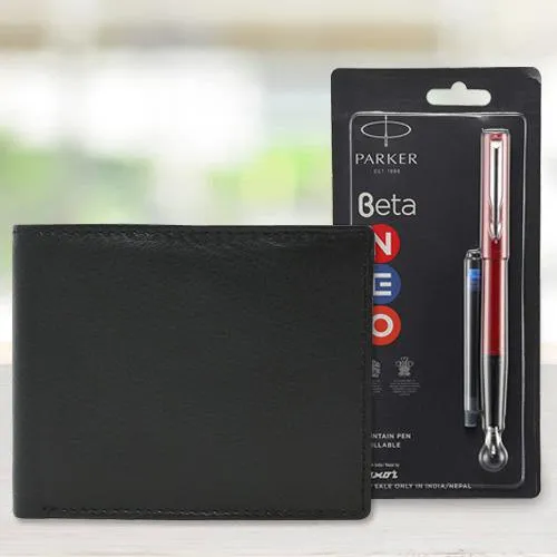 Impressive Parker Beta Ball Pen with a Leather Wallet for Men