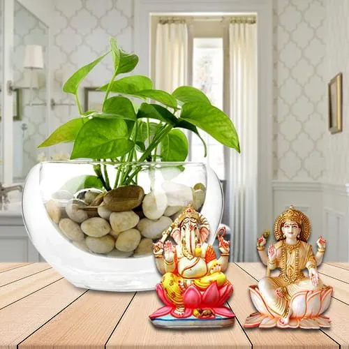 Attractive Gift Set of Money Plant in Glass Pot with Lakshmi Ganesh Murti