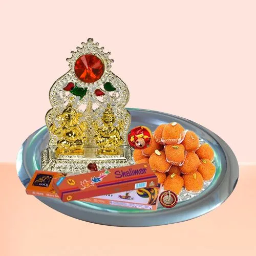 Deliver Ganesh Lakshmi Idols with Silver Plated Thali and Pure Ghee Ladoo