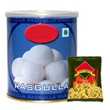 Hamper of 1 Kg. Rasgulla with 200 Gms. Bhujia, 4 Free Rakhi, Message Card.Delivery Time:- 3-4 Days.