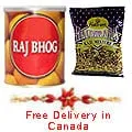 1 Kg. Halirams Rajbhog with <font color=#FF0000>Haldiram</font>'s Bhujia with 1 Free  Rakhi.Delivery Time:- 4-5 days.<br>You may add Rakhi from <a href='Page_details.asp?product_id=R0337&page_name=rakhi_canada'><b><font color=0000ff> Addon</font></b></a> page. 