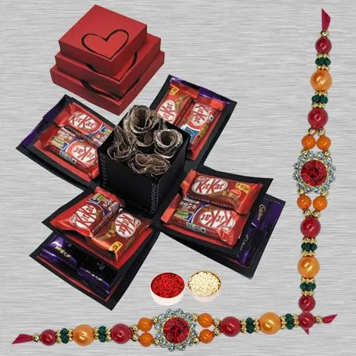 Elegant Pair of Stone Rakhi with 3 Layer Chocolate Explosion Box