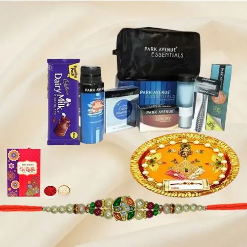 Gaudy Stone Rakhi, Park Avenue Mens Grooming Kit, Cadbury Chocolate N Thali