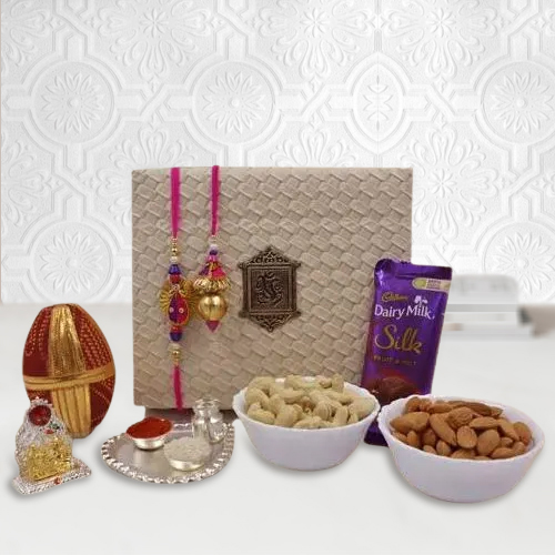 Pious Lumba Rakhi Set with Pooja Items Dry Fruits n Cadbury Silk