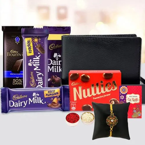 Cool Golden Rakhi with Mens Leather Wallet n Cadbury Chocolates