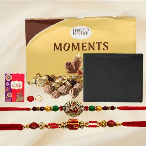 Ethnic Zardosi Rakhi Pair with Black Leather Wallet n Ferrero Rocher