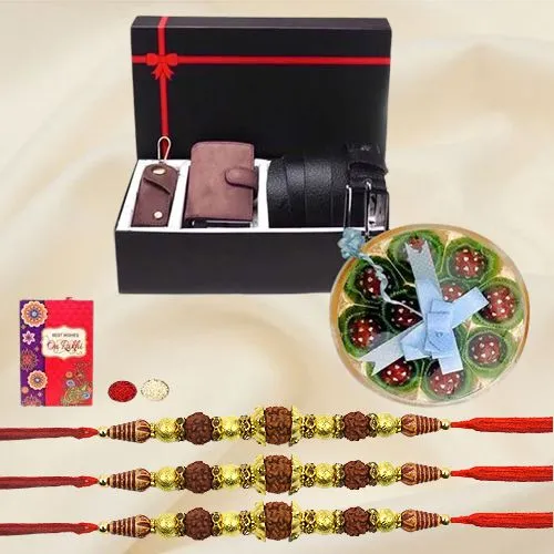 Pious Rudraksha Rakhi with Mens Leather Accessories n Homemade Chocolates