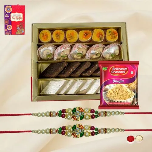 Ravishing Stone Rakhi Pair with Delicious Snacks N Sweets