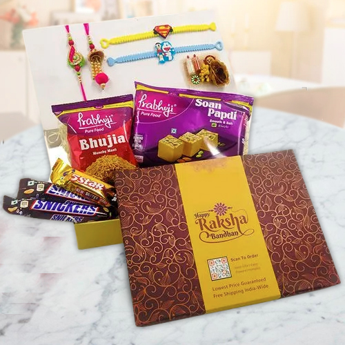Raksha Bandhan Gift of Sweets, Chocolates and Family Rakhi Set of 4 pcs in a Gift Box