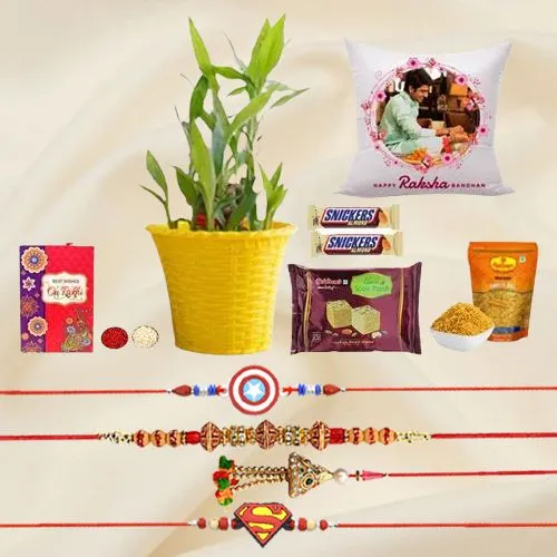 Exquisite Combo of Family Rakhi N 2 Tier Bamboo Plant