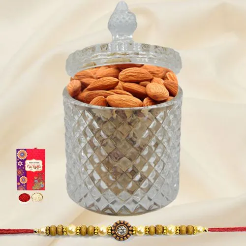 Healthy Almonds in a designer Glass Jar with a Rakhi