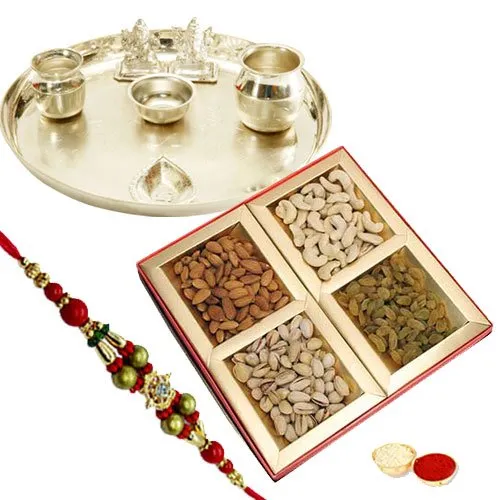 Fascinating Silver Plated Thali, Mixed Dry Fruits, Rakhi with Festive Look