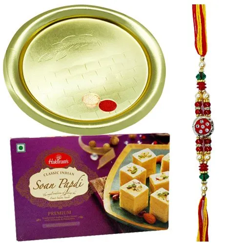 Feel-Better Gift of Outstanding Gold Plated Thali and Yummy Soan Papri of 100 Gms from <font color=#FF0000>Haldiram</font>s