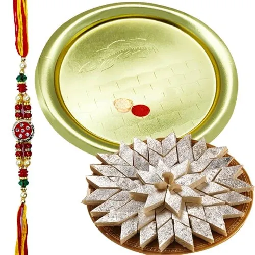 Auspicious Gift of Glorious German Silver Golden Plated Thali along with Crunchy Kaju Katli of 100 Gms from <font color=#FF0000>Haldiram</font>s