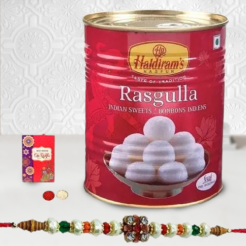 Haldiram Rasgulla with Designer Rakhi with Free Roli Tika and Chawal