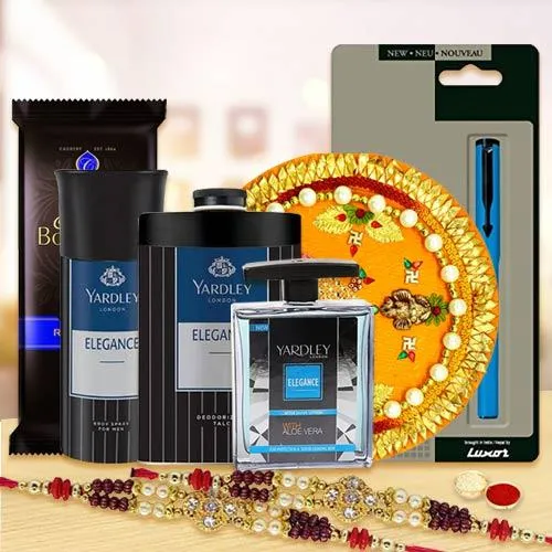 Grooming Accessories Gift Set with Pooja Thali Rakhi Chocolates N Parker Pen