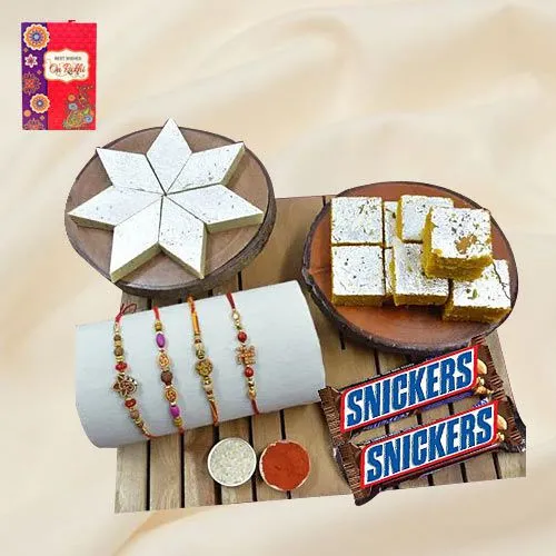 Designer Set of 4 Rakhi with Haldiram Sweets N Chocolate Assortments