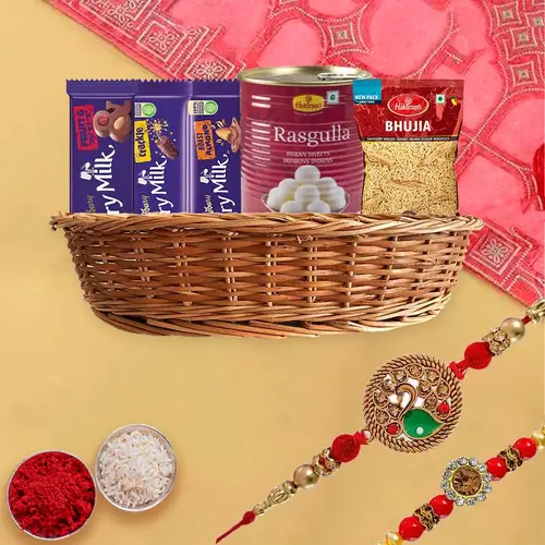 Classy Pair of Rakhi with Chocolates, Rasgulla n Bhujiya