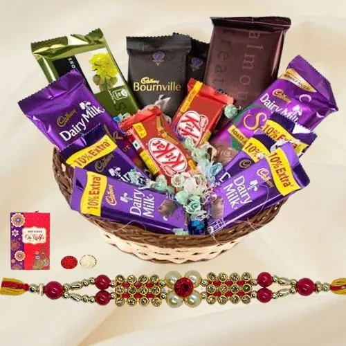 Basket of Assorted Chocolates with Twin Designer Rakhi