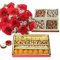 Red Rose Bouquet with Assorted Sweets and Dry Fruits 