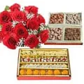 Red Rose Bouquet with Assorted Sweets and Dry Fruits 