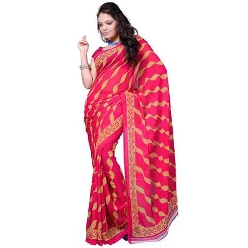 Enticing Red Coloured Georgette Saree with Striped Print Design