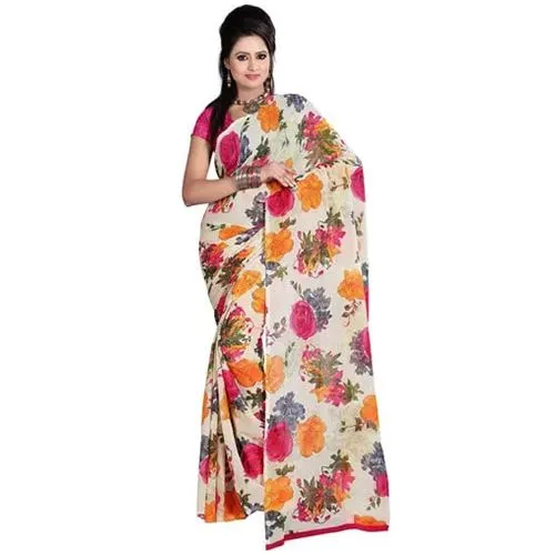 Eye Catching Off White and Pink Coloured Saree with Floral Print Design
