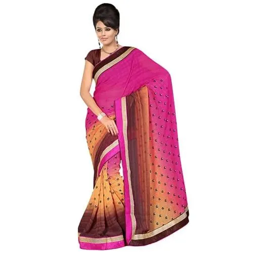 Flattering Pink Chrome and Brown in Colour Gorgettee Printted Saree