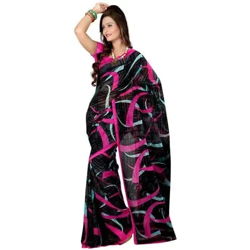 Super Attractive Black Coloured Georgette Printed Saree