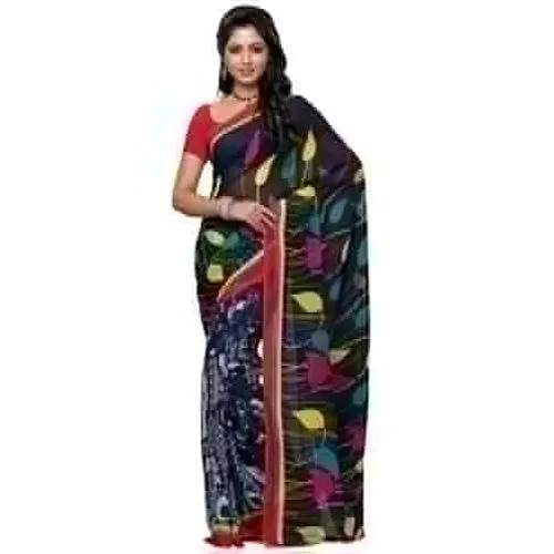 Marvelous Georgette Printed Saree in Black and Grey Colour