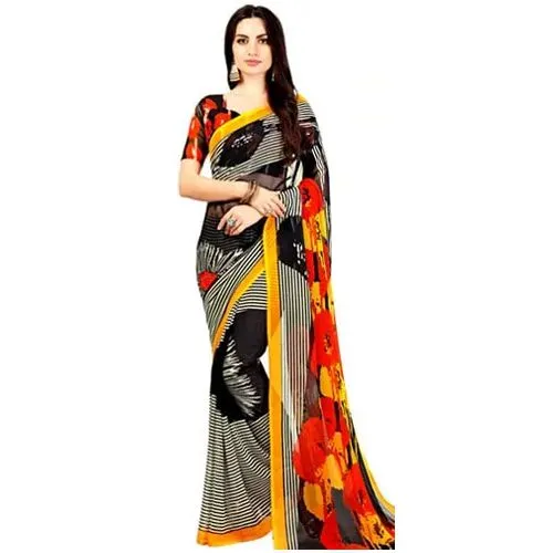 Gorgeous Black Color Marble Chiffon Printed Sari with Yellow Border