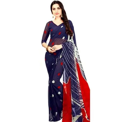 Glamorous Red and Navy Blue Colored Saree in Chiffon Fabric for Fashionable Women