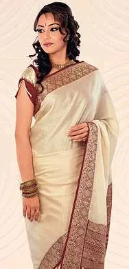 Cream Color Crepe Emboss Silk Sari with maroon and golden jari border