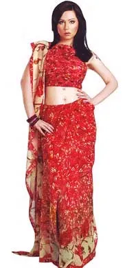 Red Faux Georgette Printed Saree