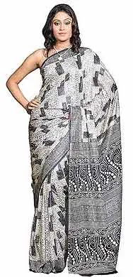 Beautiful Printed Butter Silk Saree in white and black color