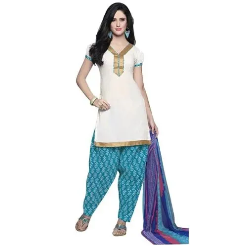 Visually Stunning Pure Cotton Printed Patiala Suit in White