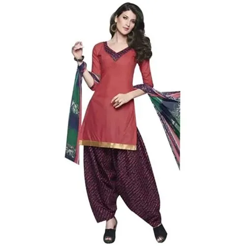 Fashionable Pink and Blue Shaded Cotton Printed Patiala Suit