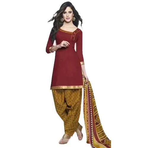 Classic Red and Yellow Shaded Cotton Printed Patiala Suit